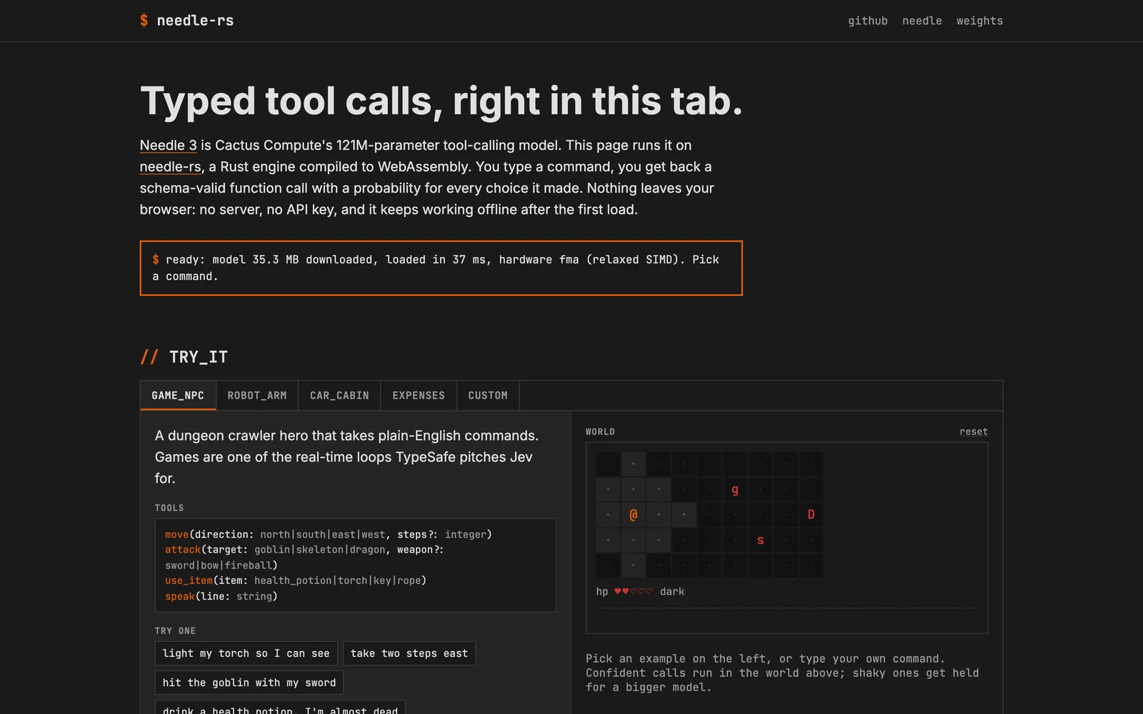 needle-rs in the browser: the model loaded in 37 ms, with a dungeon-crawler demo taking plain-English commands.