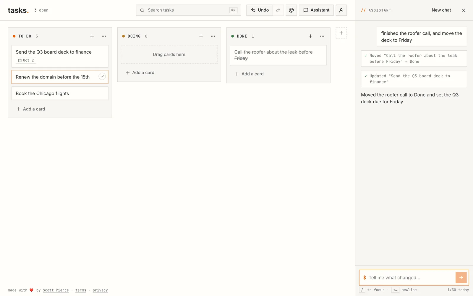 Tasks board with an assistant sidebar: one message moved a card to Done and set another card due Friday.